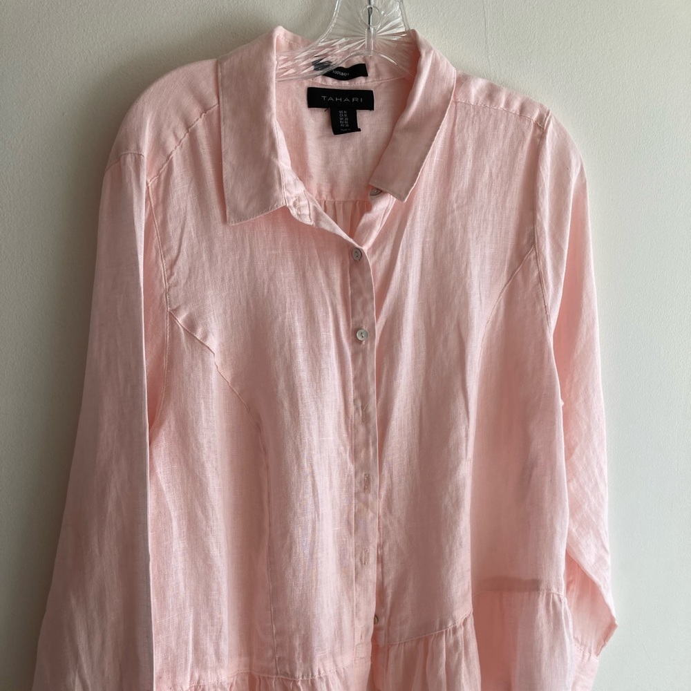 Tahari 100% Linen Peplum Blouse Button Down Shirt